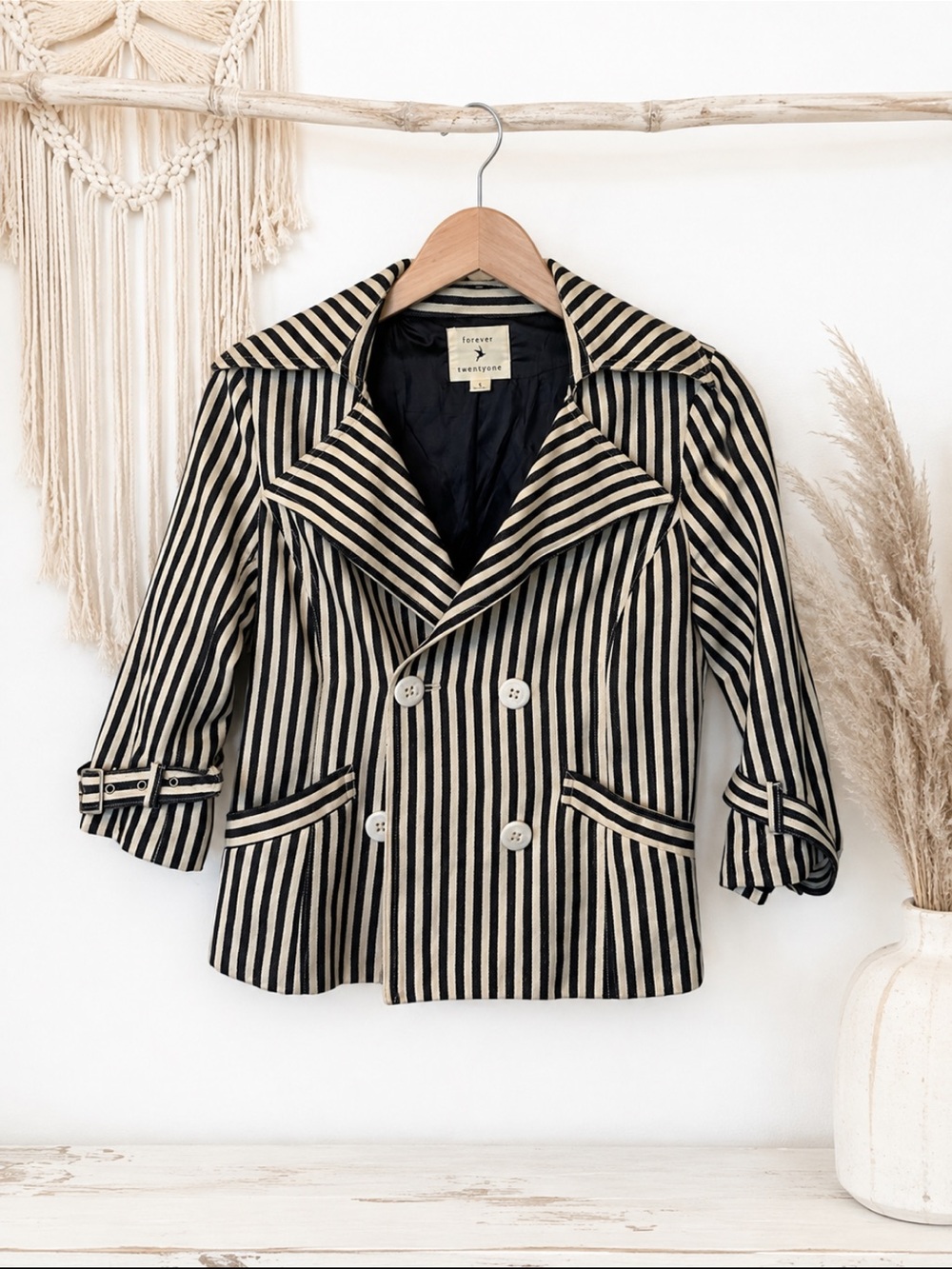 Forever 21 Black & Cream Striped Double-Breasted Blazer Parisian Style